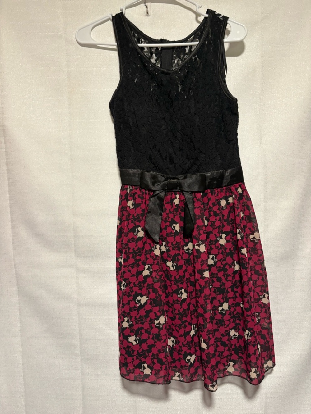Cat patterned Dress! Whimsygoth!Knee-Length.Satin Bow.Built-In Bra Lacy Bodice!